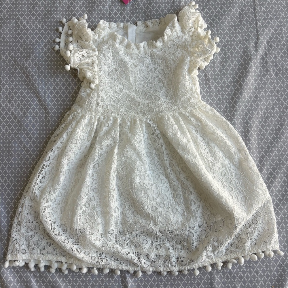 Toddler Girls Lace Dress - Pom Pom Ruffle Sleeve - Size 2T NWT